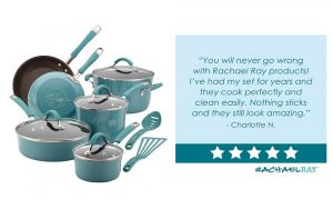 Read more about the article Rachael Ray Cucina Nonstick Cookware pots and pans set 12 pieces, Agave Blue