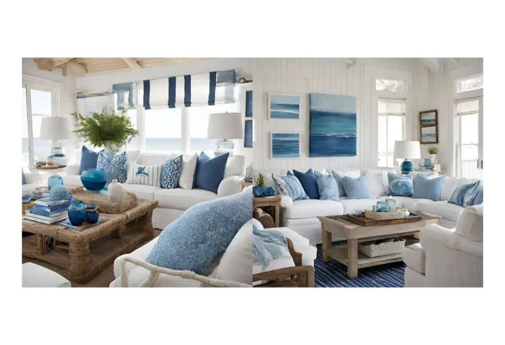 Coastal living room with blue throw pillows and white walls