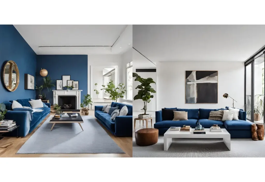 Modern living room with blue couch and white walls