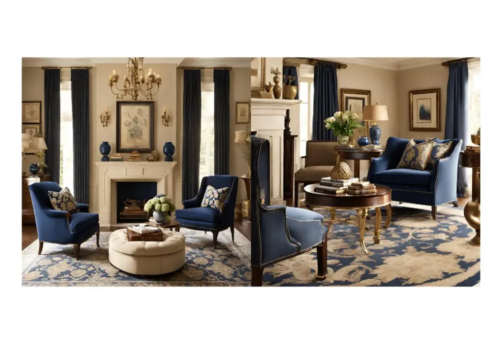 Traditional living room with blue armchair and beige walls